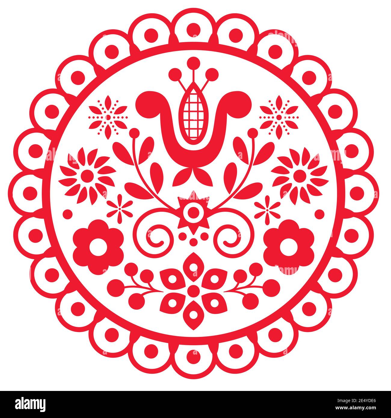 Polish cute folk art vector round framed design with flowers and leaves ...