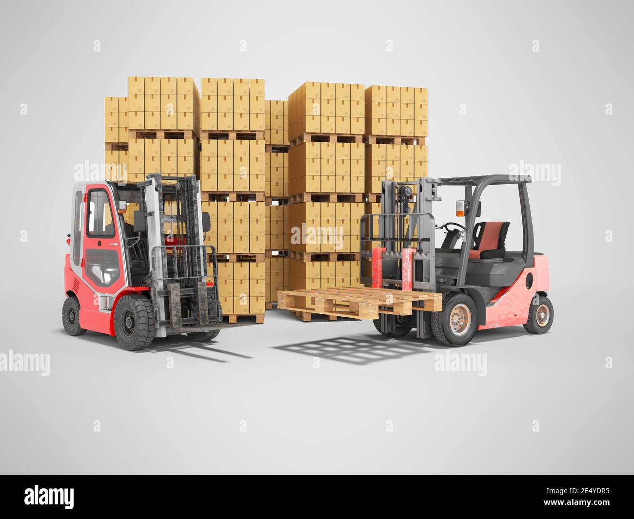 3d rendering of group of forklift truck loading boxes on pallets on ...