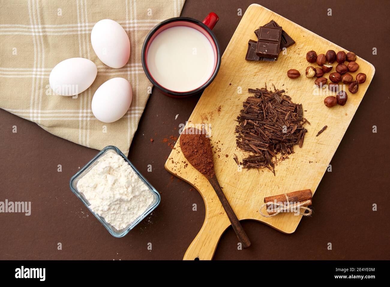chocolate, cocoa powder, milk, eggs and flour Stock Photo Alamy