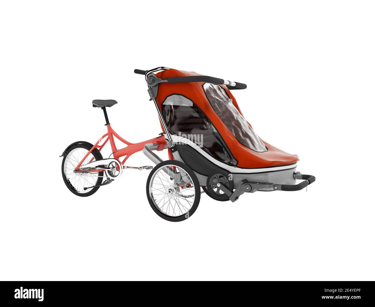 3D rendering red bicycle with teenage stroller in front isolated on