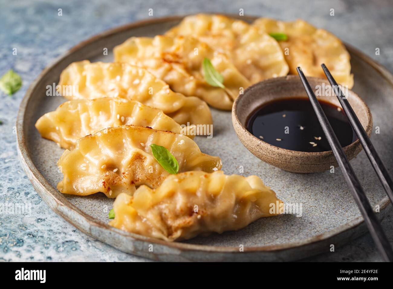 Asian dumplings with soy sauce, sesame seeds and microgreens