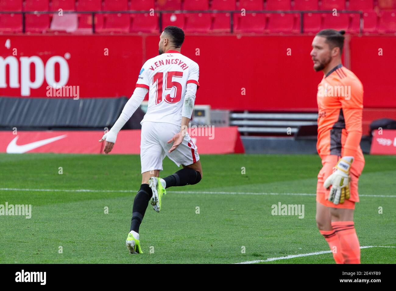 Youssef En-Nesyri of Sevilla celebrates scoring during the Spanish championship La Liga football match between Sevilla FC an / LM Stock Photo