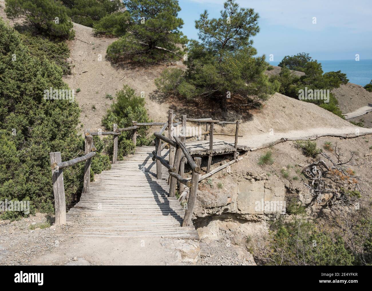 Small wooden bridge over a dried-up stream in the mountains Stock Photo ...