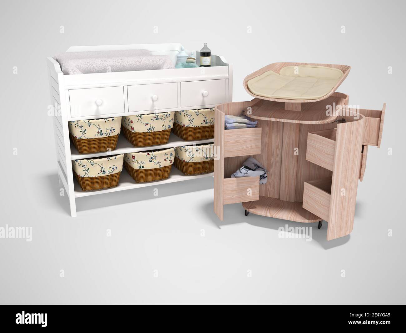 3D rendering white changing table and wooden changing table