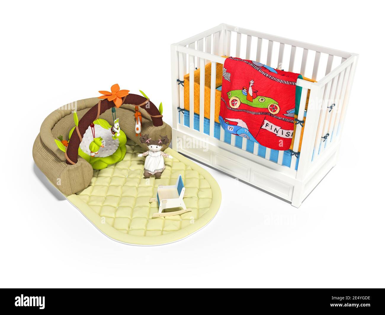 3d rendering white wooden crib for child with play mat with toys on ...