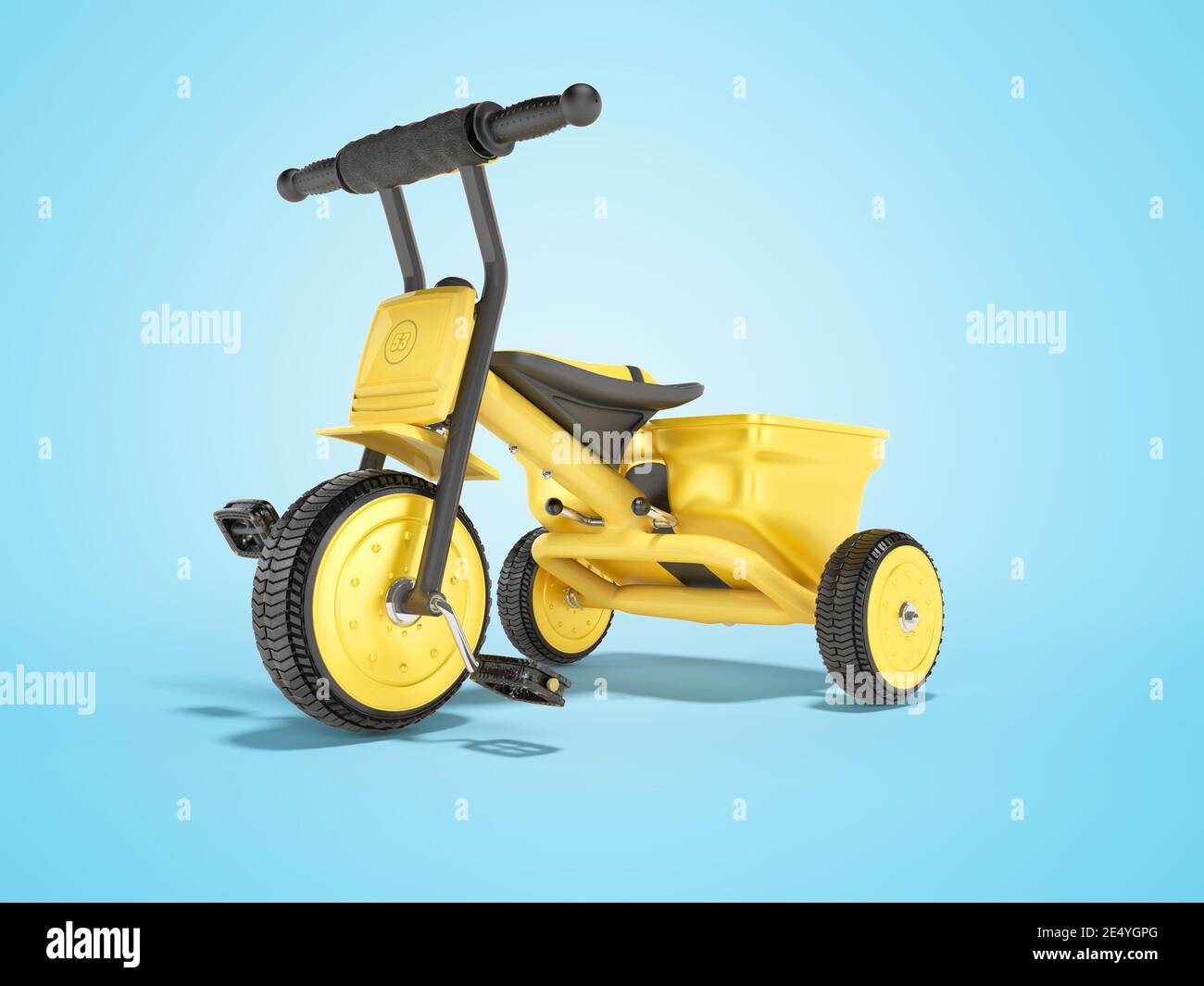 3D rendering yellow tricycle for children on blue background with