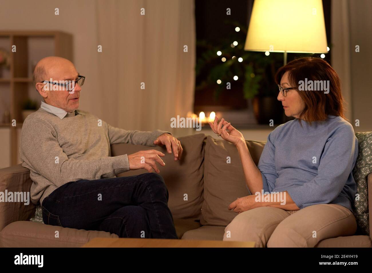 unhappy senior couple arguing at home Stock Photo