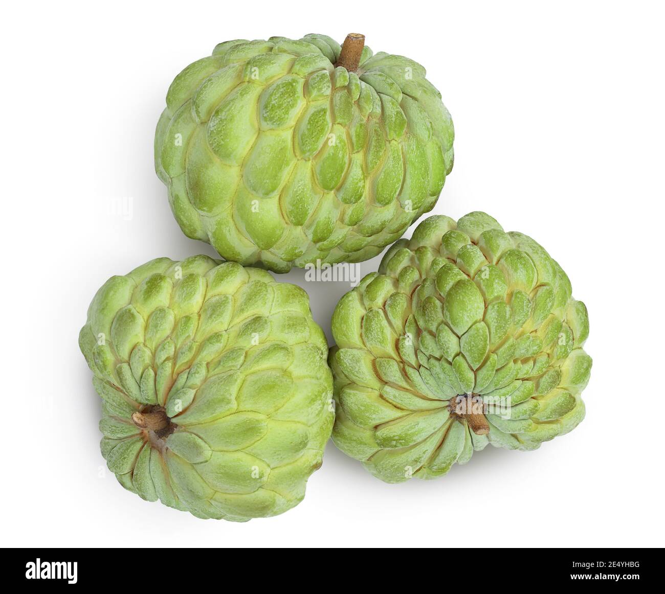 Sugar apple or custard apple isolated on white background with clipping path . Exotic annona or cherimoya fruit. Top view. Flat lay Stock Photo
