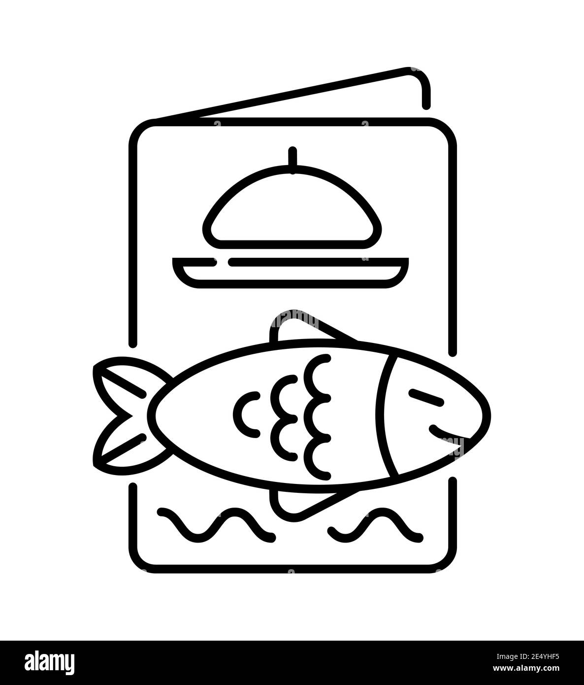 Fish menu icon vector. List of menu and seafood, salmon are shown in outline style. Herring, mackerel is shown. Pollock, carp, halibut, trout sign in Stock Vector
