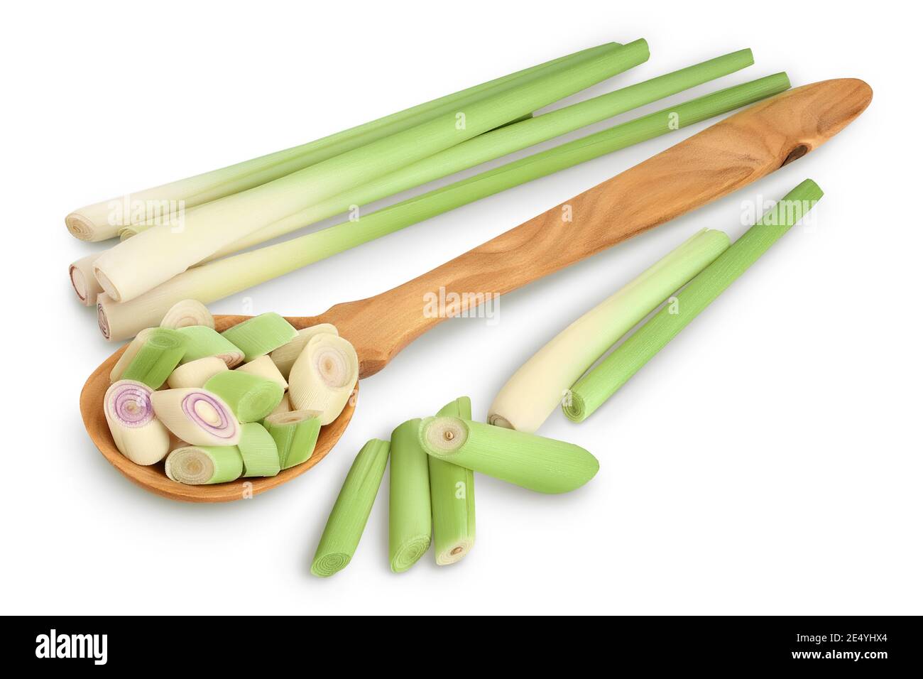 Fresh Lemongrass slices in wooden spoon isolated on white background with clipping path and full depth of field Stock Photo