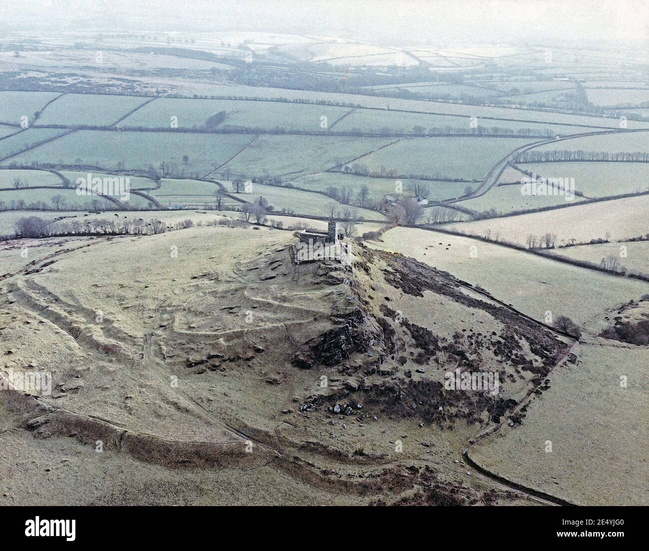 Photo illustration of arial view of St Michael of the Rock Church at Brentor on Dartmoor, Devon Stock Photo