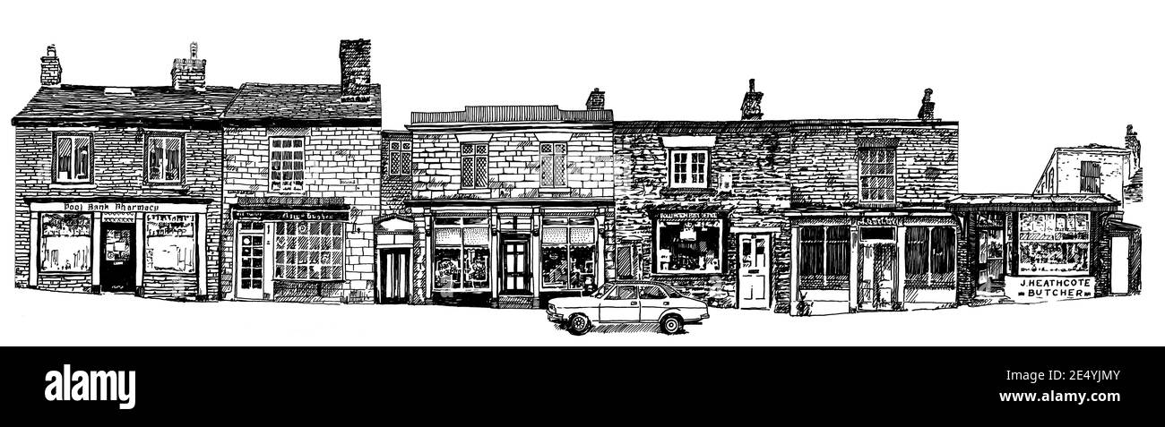 Shops in Bollington, Cheshire 1980s panoramic composite illustration by Hazel McAllister Stock Photo