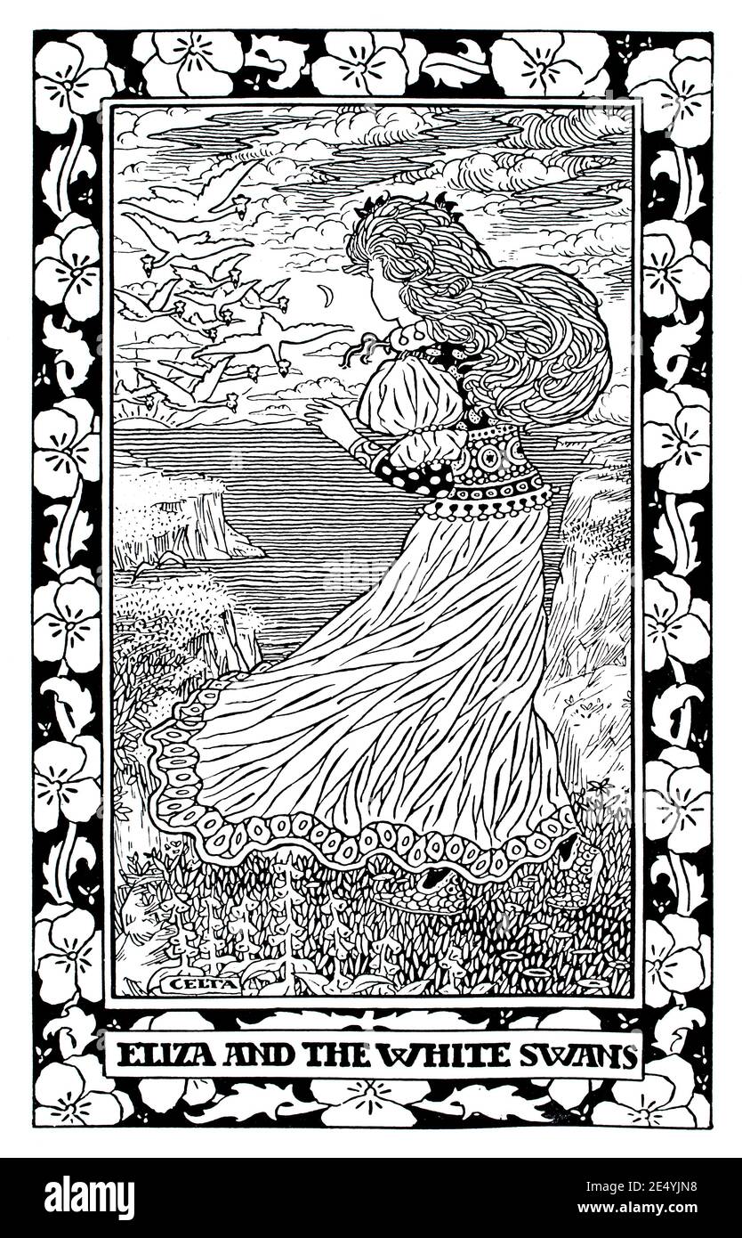 Eliza and the White Swans, The Wild Swans Fairy Tale illustration by Scott Calder in 1897 The Studio an Illustrated Magazine of Fine and Applied Art Stock Photo