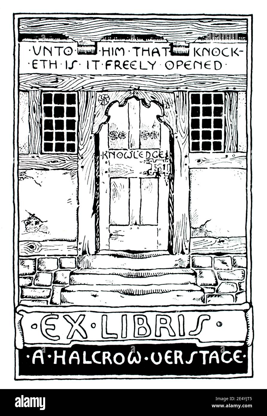 Door of Knowledge  bookplate for A Halcrow Verstage, early line illustration by architect Arthur Halcrow Verstage , of Godalming, surrey, in 1897 The Stock Photo