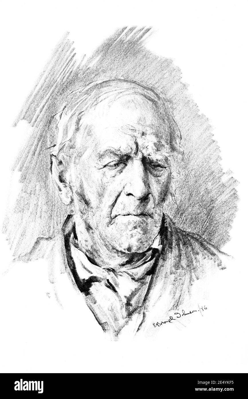 Study in lead pencil, characterful old man’s face drawing from the Herkomer School Bushey, by Esther Borough Johnson,  in 1897 The Studio an Illustrat Stock Photo