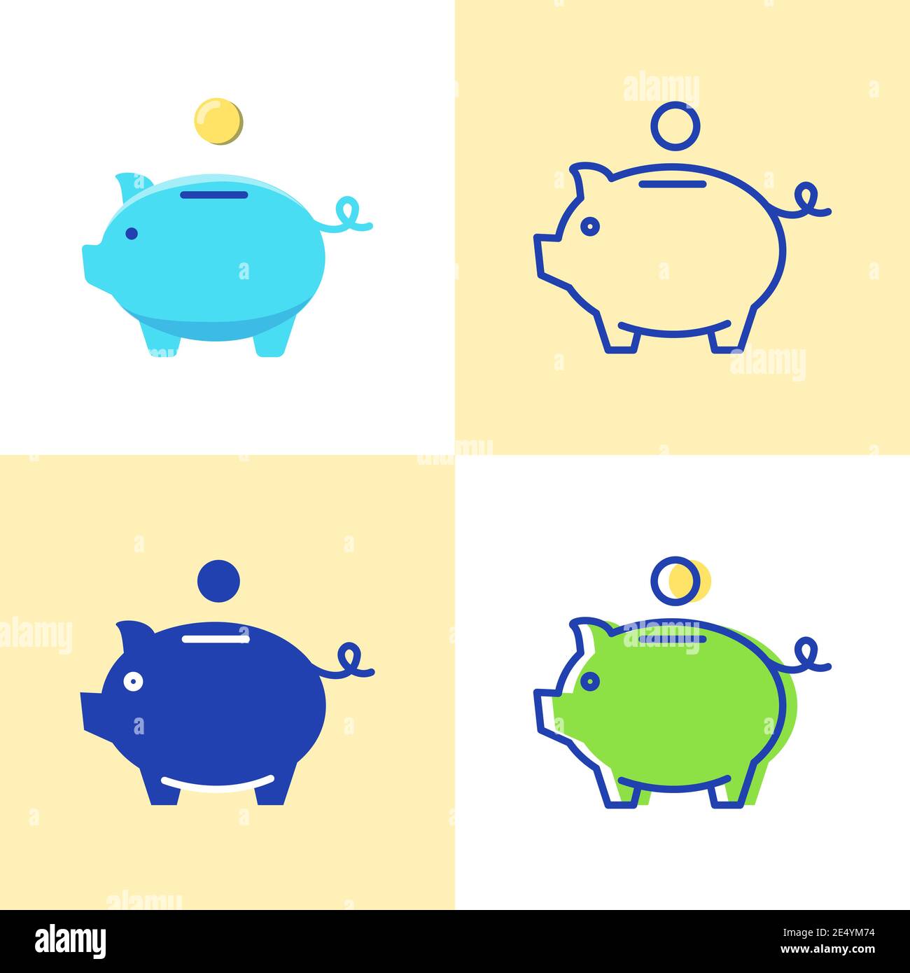 Piggy bank icon set in flat and line style. Money saving symbol ...