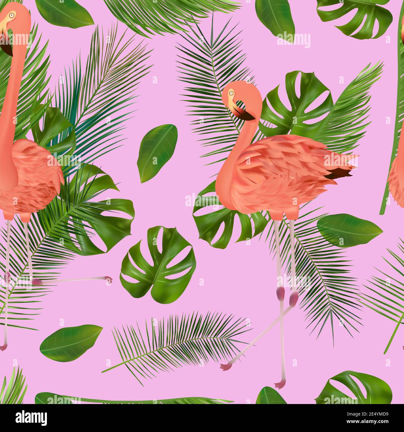 Tropical leaf and pink Flamingo on pink background. Seamless pattern ...