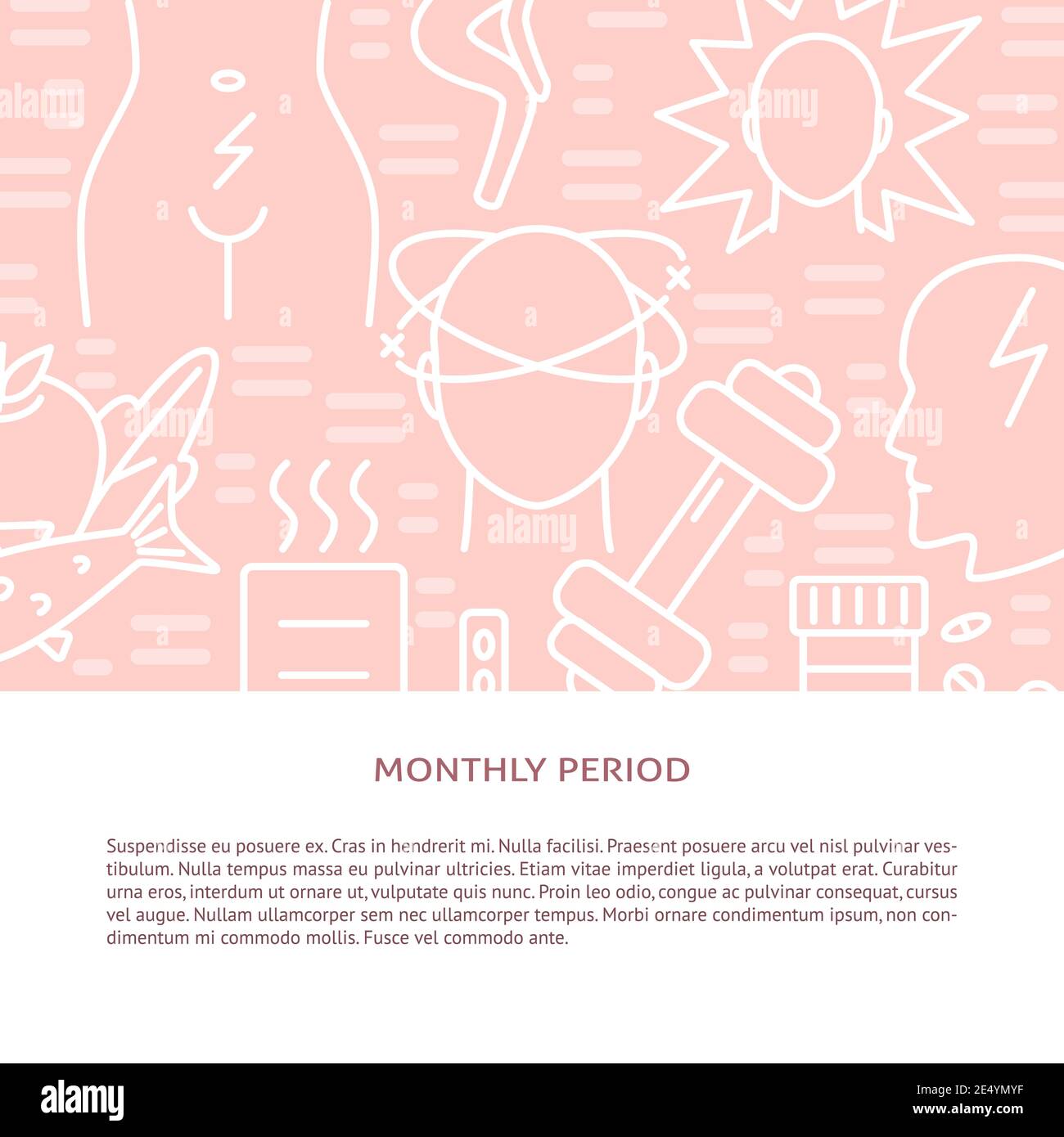 Monthly period symptoms and treatment banner template in line style. Menstruation pain concept
