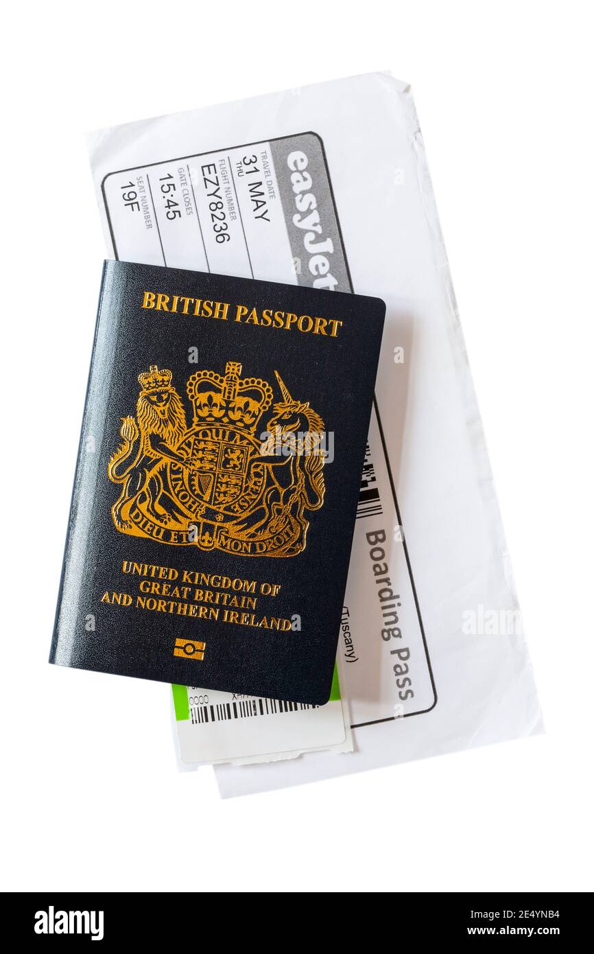 EasyJet boarding pass for flight with new British passport isolated on white background Stock Photo