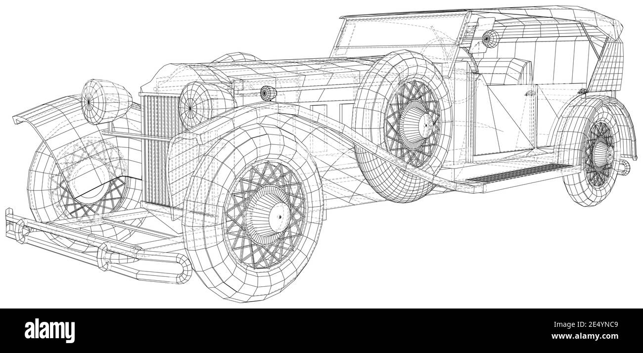 Vector Wire-frame isolated Retro car on background. Vector rendering of 3d Stock Vector