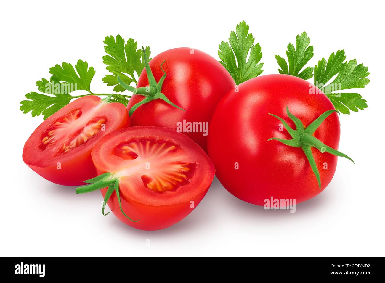 Tomato with half isolated on white background with clipping path and full depth of field. Stock Photo