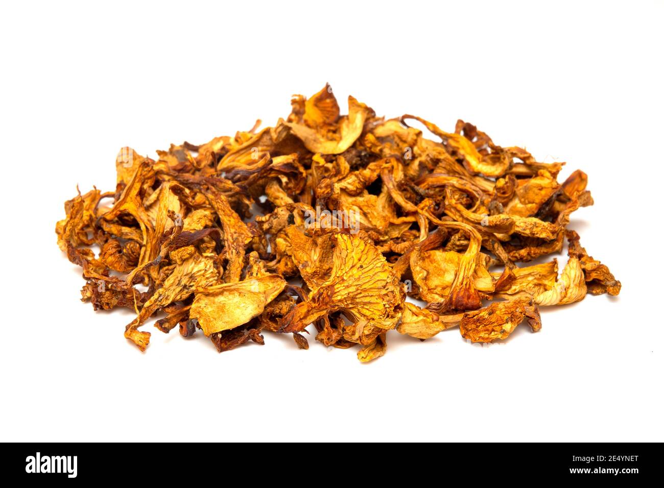 Dried golden chanterelle (Cantharellus cibarius) on a white background Stock Photo