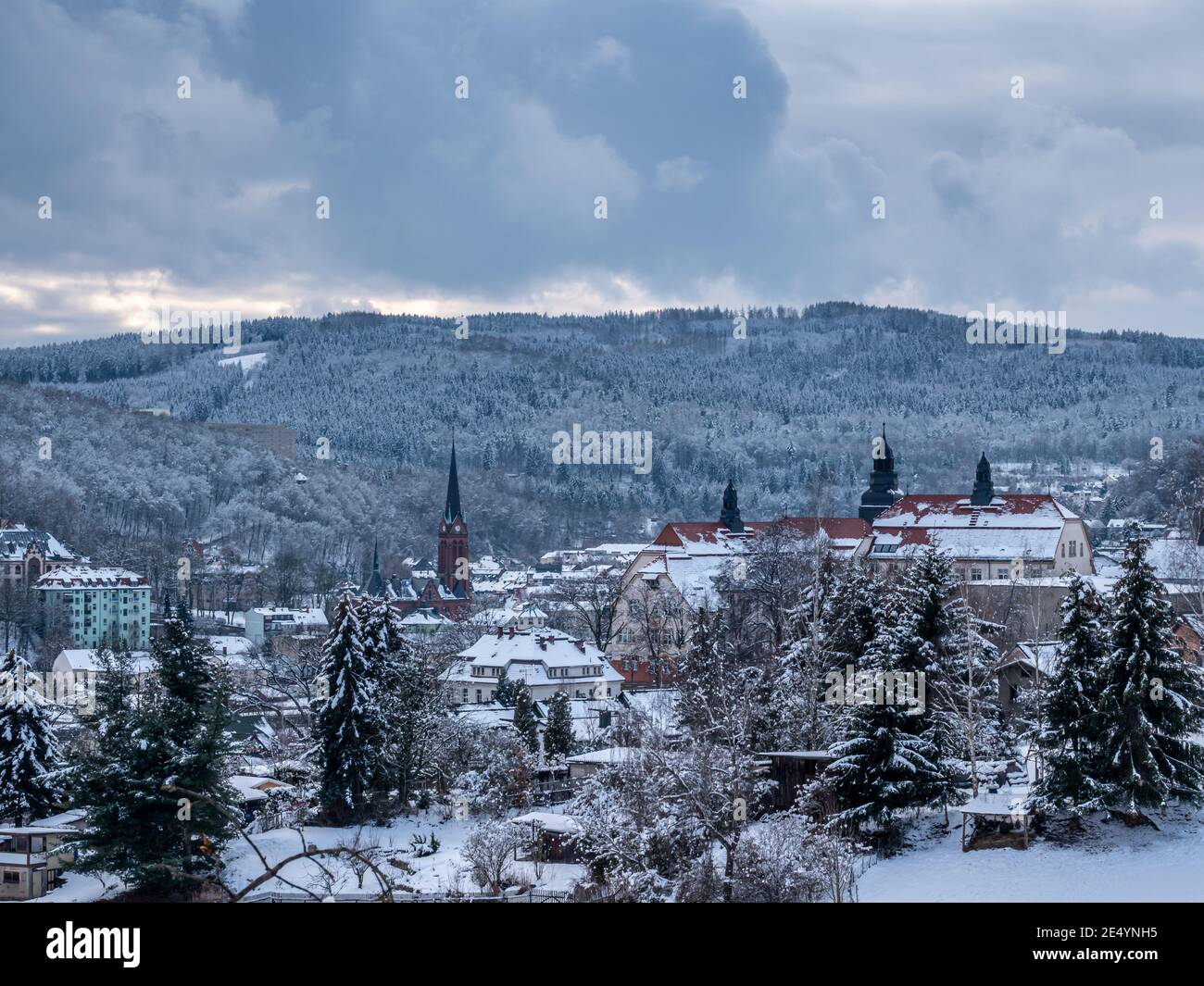 wintry view over the Aue in the Ore Mountains Stock Photo
