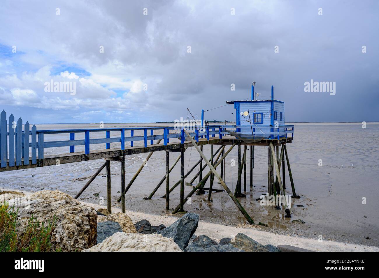 City of Fouras, Atlantic coast, France, A fisherman's hut perched on wooden stakes. These huts are used for plaice fishing. Stock Photo