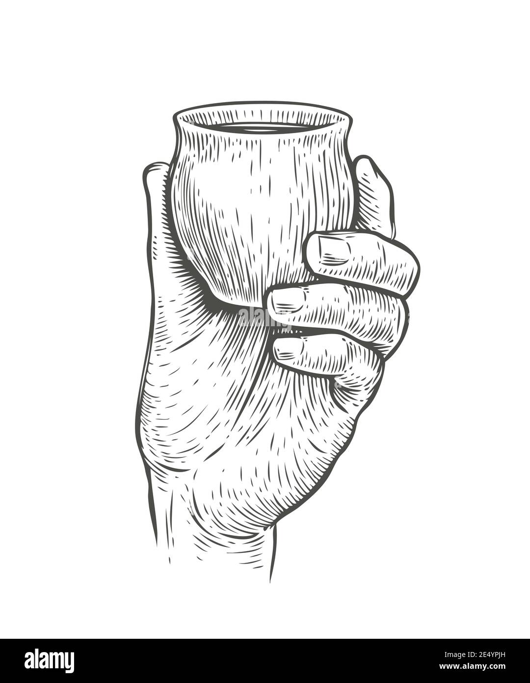 Cup in hand sketch. Drink drawn vintage vector illustration Stock Vector