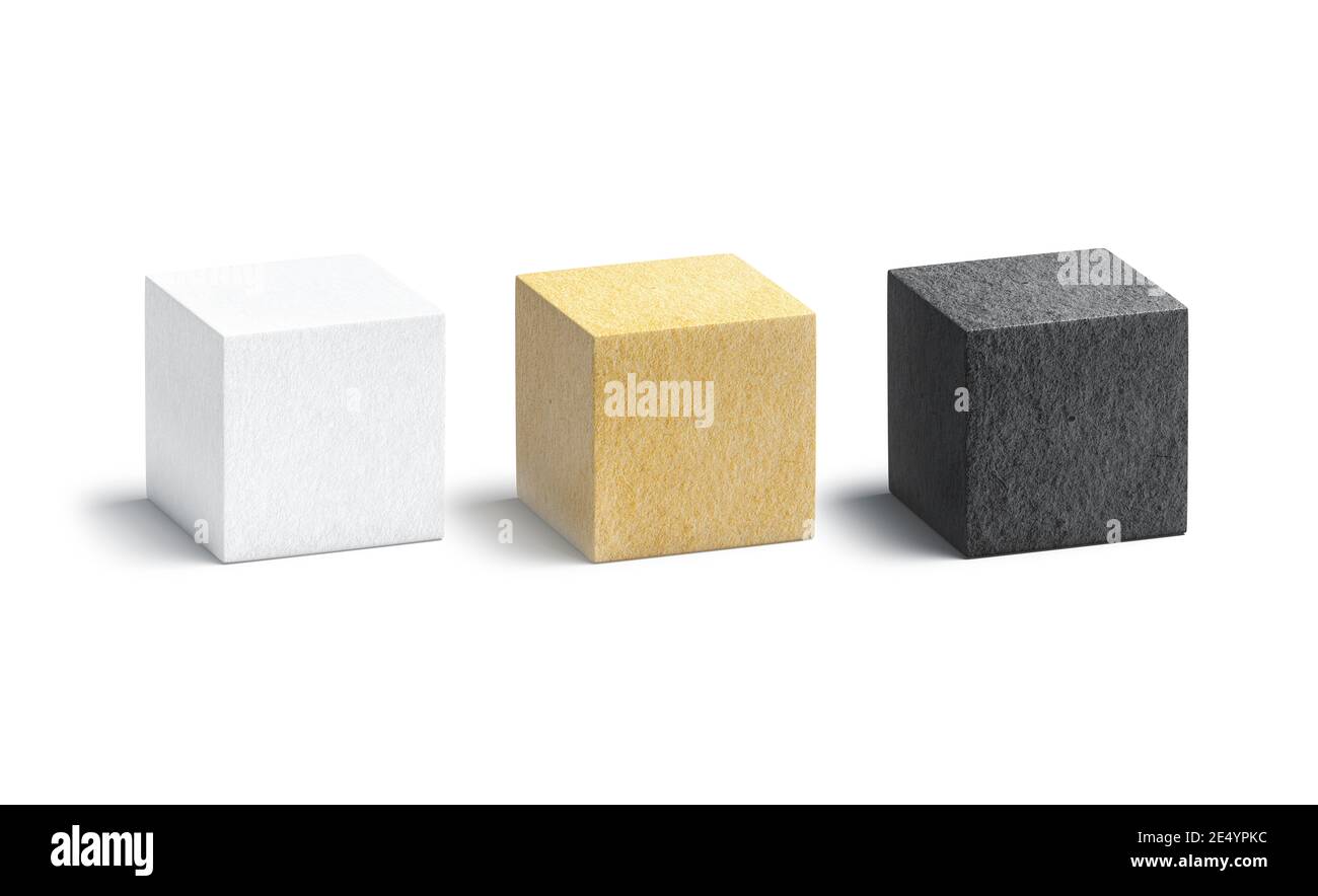 Blank paper black, white and craft cube mockup set, 3d rendering. Empty geometric textured model mock up, isolated. Clear pape matt cubic figure for g Stock Photo