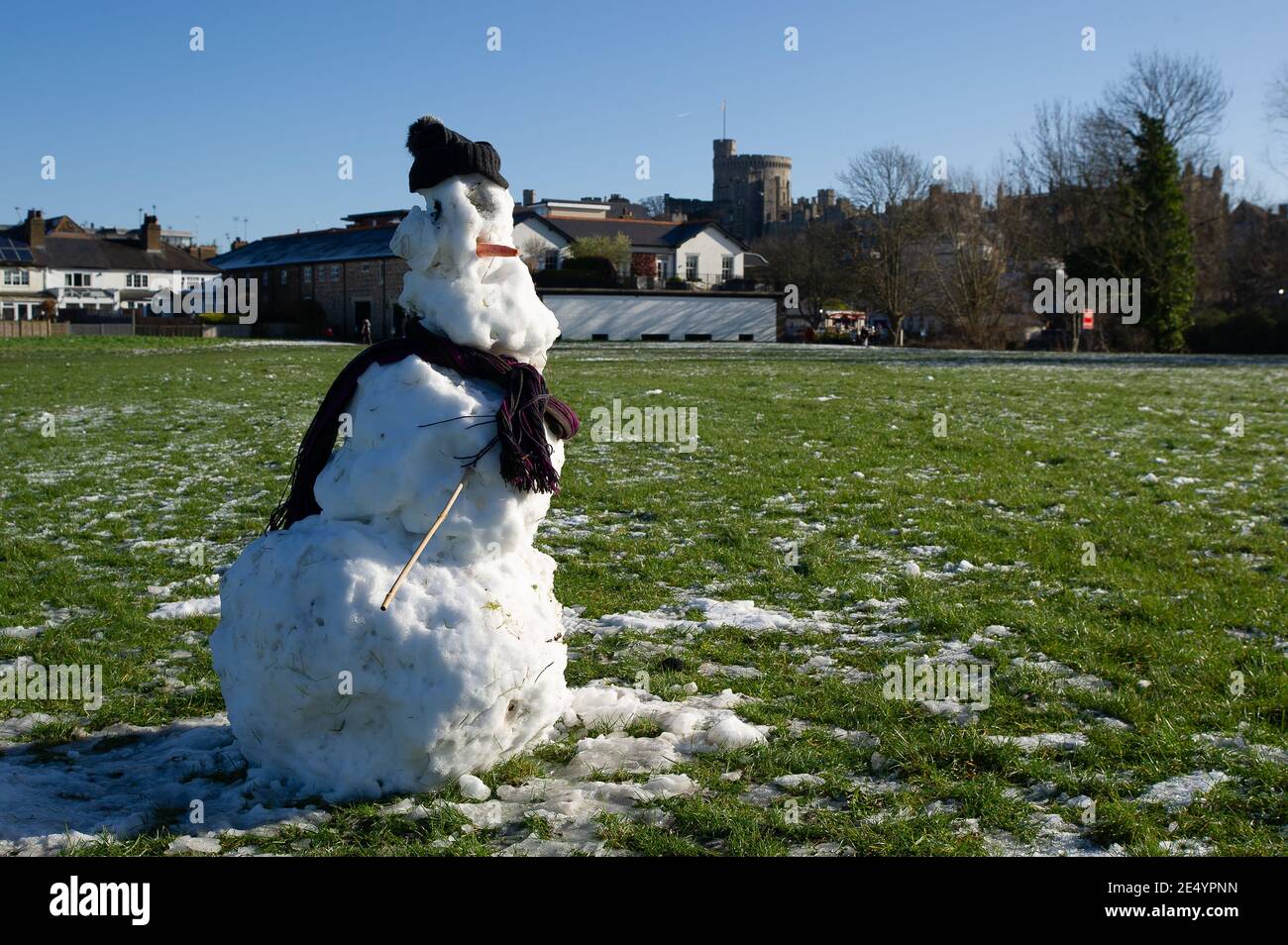 Eton, Windsor, Berkshire, UK. 25th January, 2021. Last man standing. A snowman still stands on the Brocas in Eton under the watchful eye of Windsor Castle. Queen Elizabeth II remains at Windsor Castle during the third Covid-19 lockdown.  Credit: Maureen McLean/Alamy Live News Stock Photo