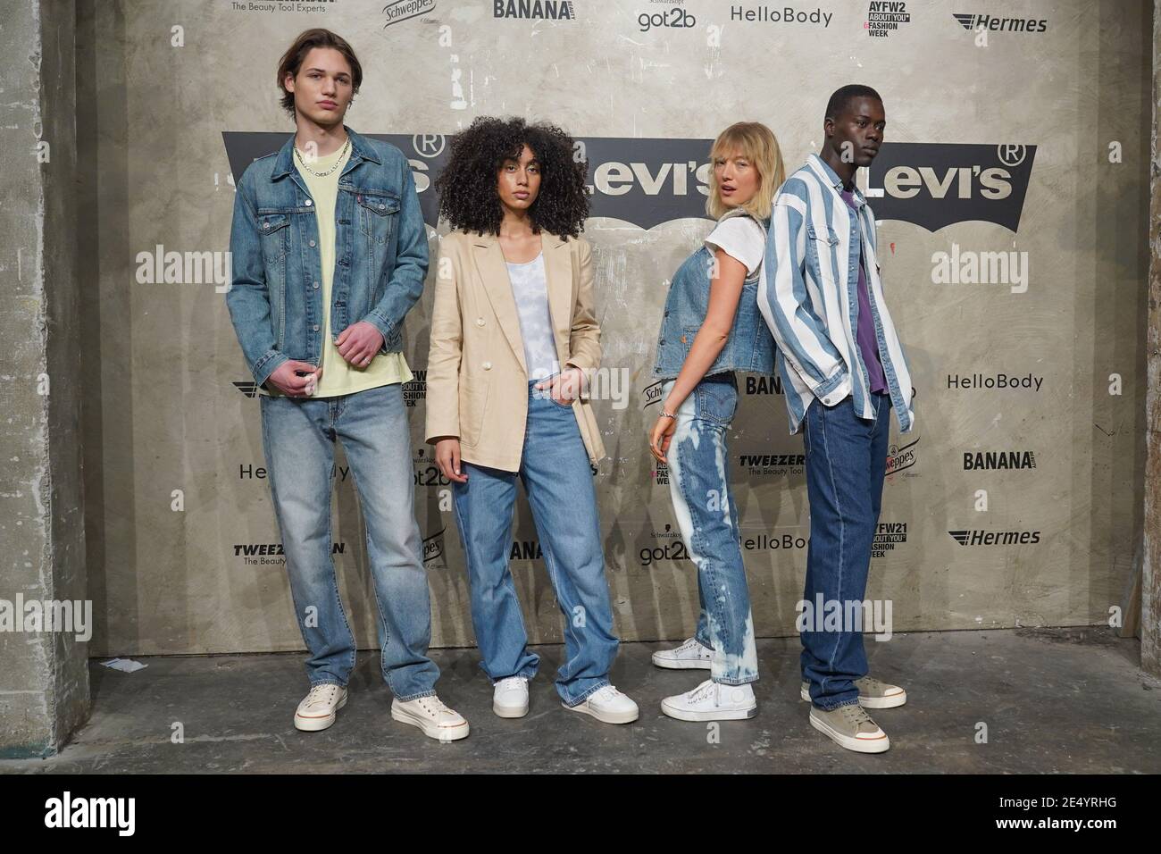 Berlin, Germany. 24th Jan, 2021. Models show creations by Levis as part of  the About You Fashion Week at Kraftwerk in Köpenicker Straße. This time the  Berlin Fashion Week takes place on
