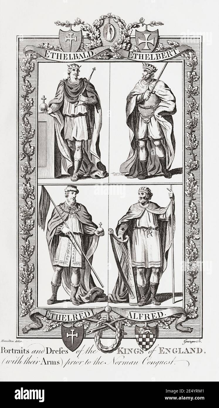 Four kings of England prior to the Norman conquest.  Ethelbald, Ethelbert, Ethelred I and Alfred.  Engraving from The New, Impartial and Complete History of England by Edward Barnard, published in London 1783. Stock Photo