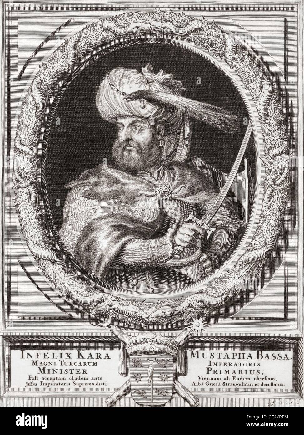 Kara Mustafa Pasha,  c. 1634 - 1683.  Albanian Ottoman nobleman, Grand Admiral in the Ottoman navy and later Commander-in-Chief in the Ottoman army.  The defeat of his forces in the Battle of Vienna in 1683 led to his execution.  After a work by Jacob Gole. Stock Photo