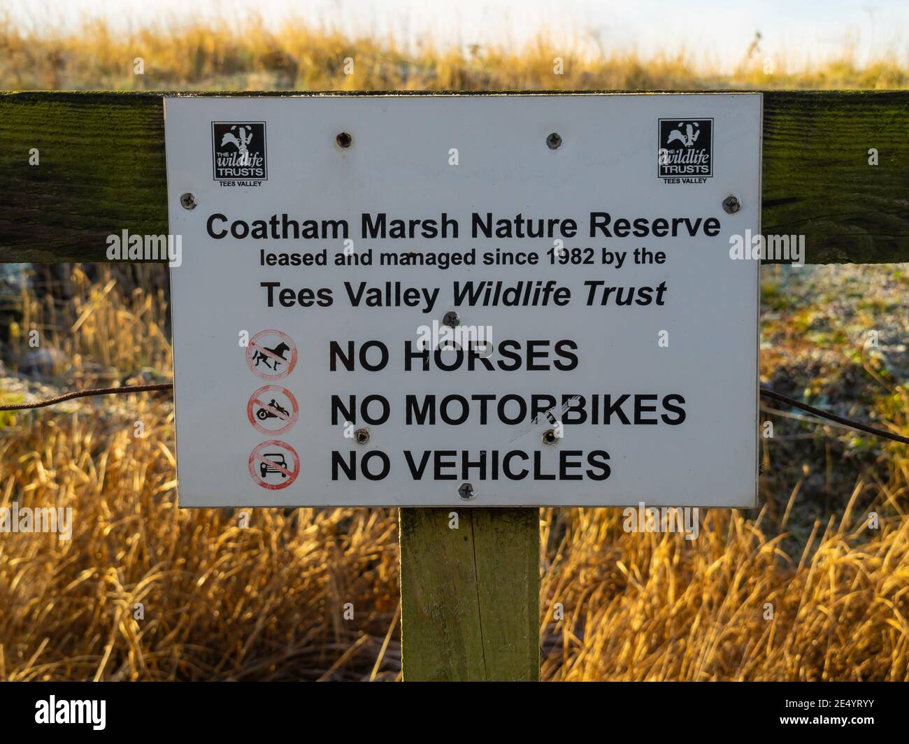 A sign at Coatham Marsh Nature Reserve in Warrenby Redcar Cleveland, which has been managed since 1982 by the Tees Valley Wildlife Trust Stock Photo