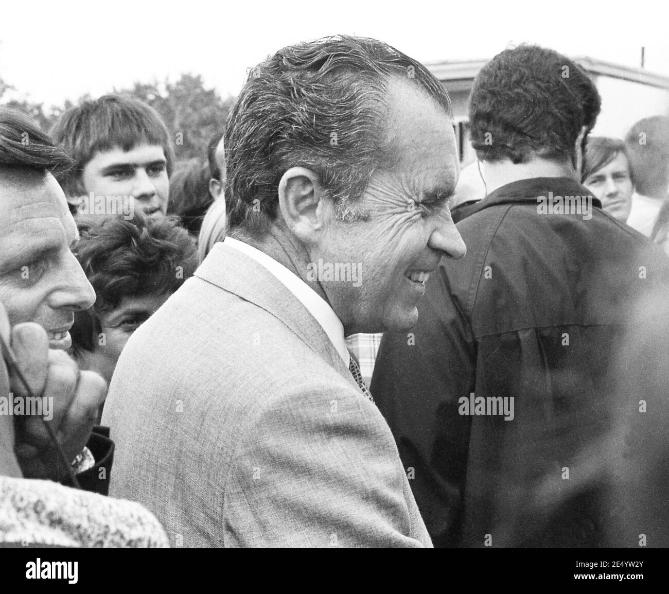 Sept. 9, 1972 President Richard Nixon makes a surprise visit to the flood damaged community of Wilkes Barre, Pennsylvania. Mr. Nixon made the trip with Frank Carlucci, his special assistant in charge of Federal assistance to victims of the tropical storm Agnes. Stock Photo