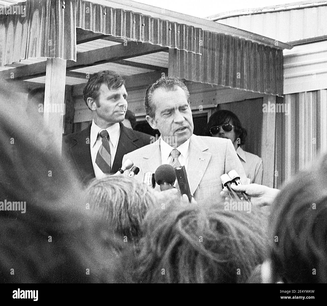 Sept. 9, 1972 President Richard Nixon makes a surprise visit to the flood damaged community of Wilkes Barre, Pennsylvania. Mr. Nixon made the trip with Frank Carlucci, his special assistant in charge of Federal assistance to victims of the tropical storm Agnes. Stock Photo