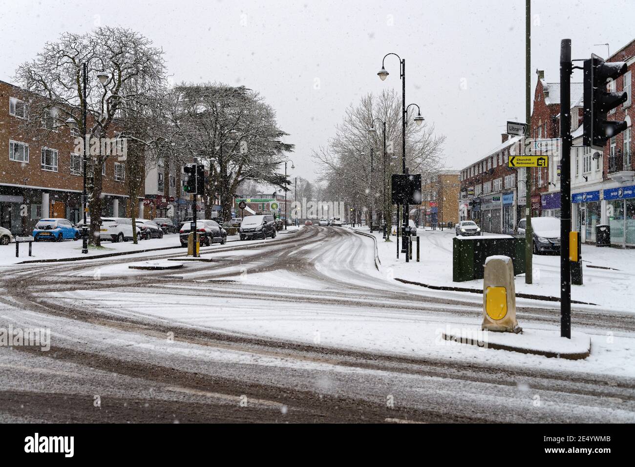 Heavy snowfall in a suburban high street, Shepperton Surrey England UK Stock Photo