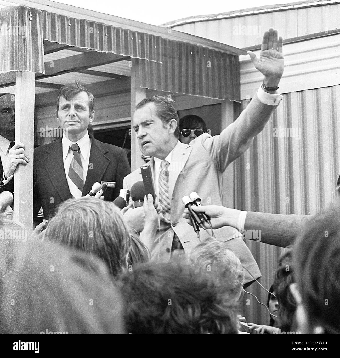 Sept. 9, 1972 President Richard Nixon makes a surprise visit to the flood damaged community of Wilkes Barre, Pennsylvania. Mr. Nixon made the trip with Frank Carlucci, his special assistant in charge of Federal assistance to victims of the tropical storm Agnes. Stock Photo