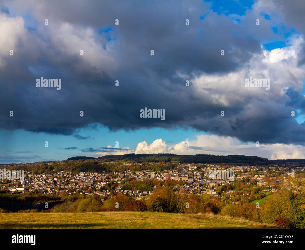 Stormy sky with dark clouds over Matlock the county town of Derbyshire in the Peak District Derbyshire Dales England UK Stock Photo