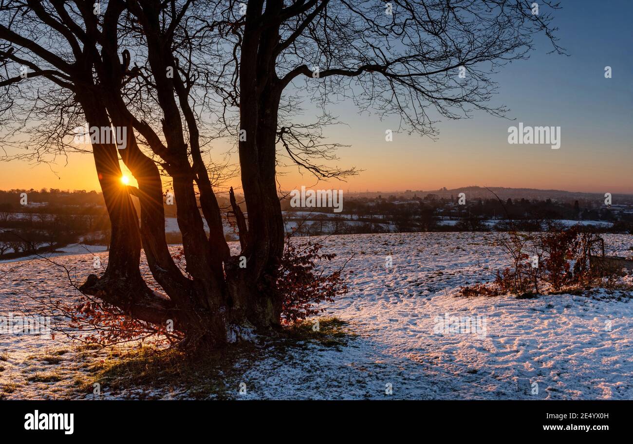 Sunrise over London from Harrow Weald in snowy winter morning, London Stock Photo