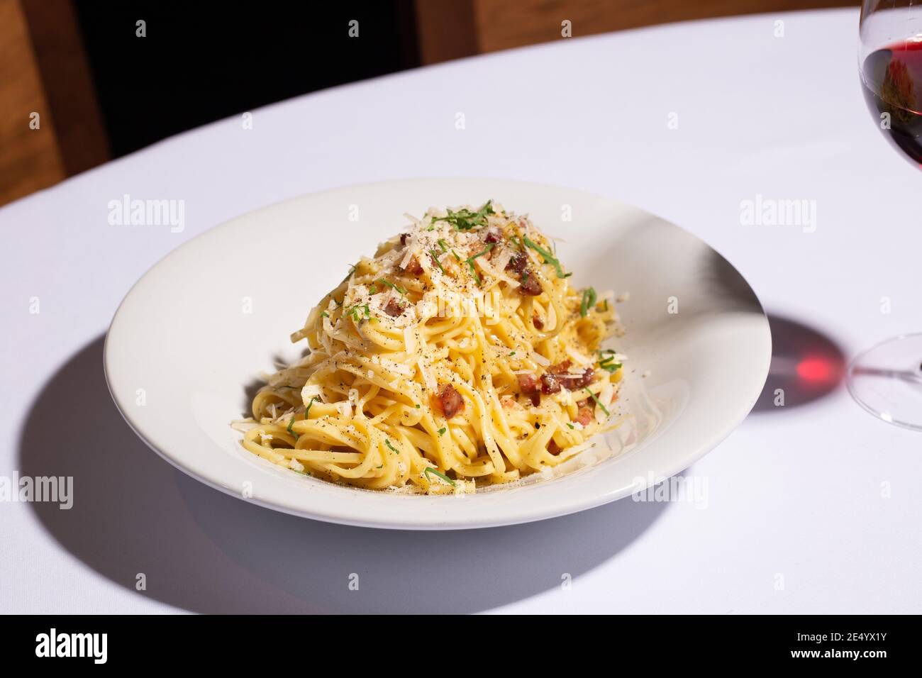 Spaghetti Carbonara with Wine Stock Photo