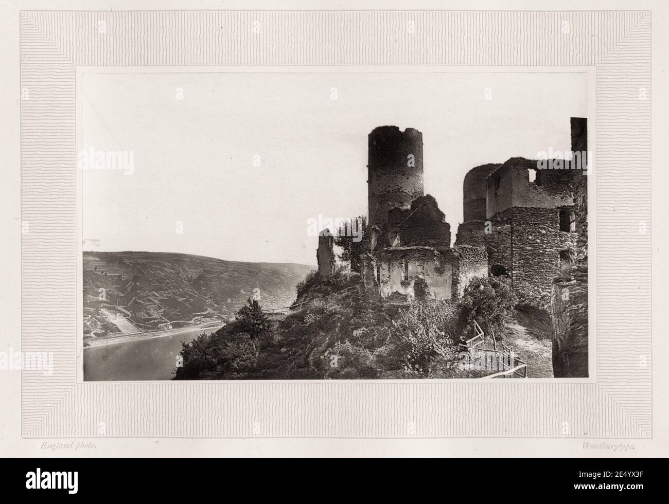 Vintage 19th century photograph: The Schönburg is a castle above the medieval town of Oberwesel in the UNESCO World Heritage site of the Upper Middle Rhine Valley, Rhineland-Palatinate, Germany. Woodburytype from a photograph by William England. Stock Photo