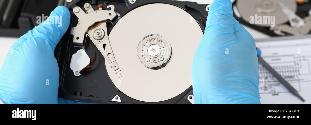 Image of the inside of the hard drive on the table Stock Photo