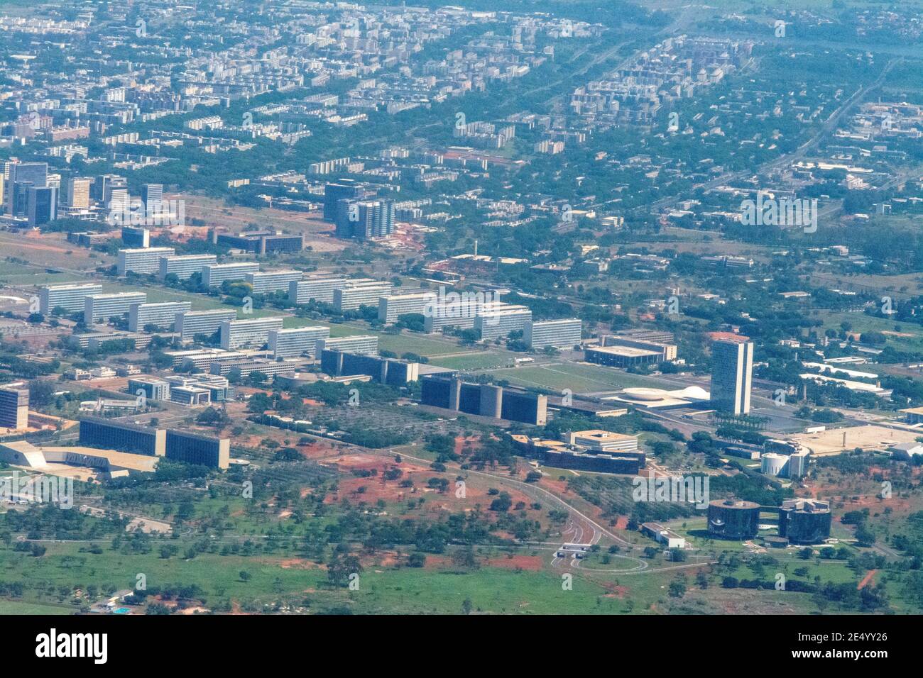 Air view of the Brazilian Federal Government district in Brasilia, the capital of Brazil.   It shows two long rows of office blocks of Government mini Stock Photo