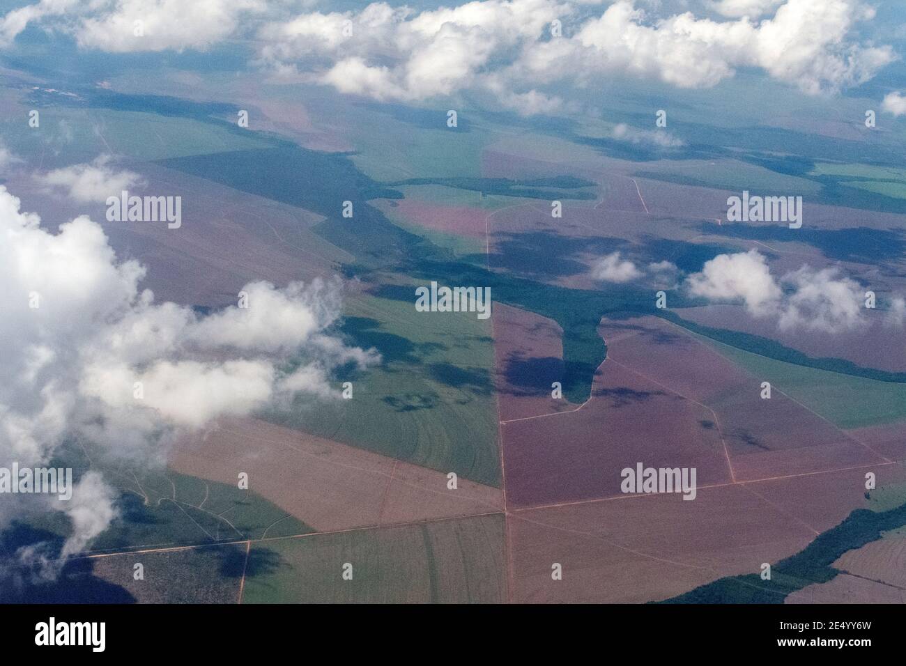 Air view of large tracts of agricultural land that was once large carpets of tropical rain forest in Brazil. Stock Photo