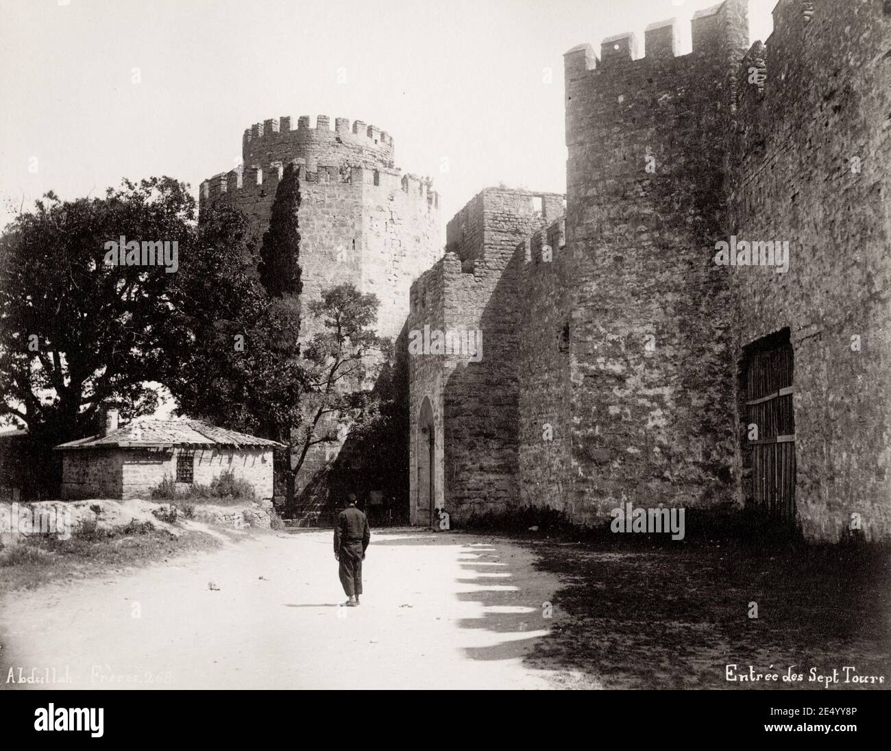 Vintage 19th century photograph: Yedikule Fortress (Turkish: Yedikule Hisarı or Yedikule Zindanları; meaning 'Fortress of the Seven Towers', or 'Dungeons of the Seven Towers', respectively) is a fortified historic structure located in the Yedikule neighbourhood of Fatih, in Istanbul, Turkey. Stock Photo