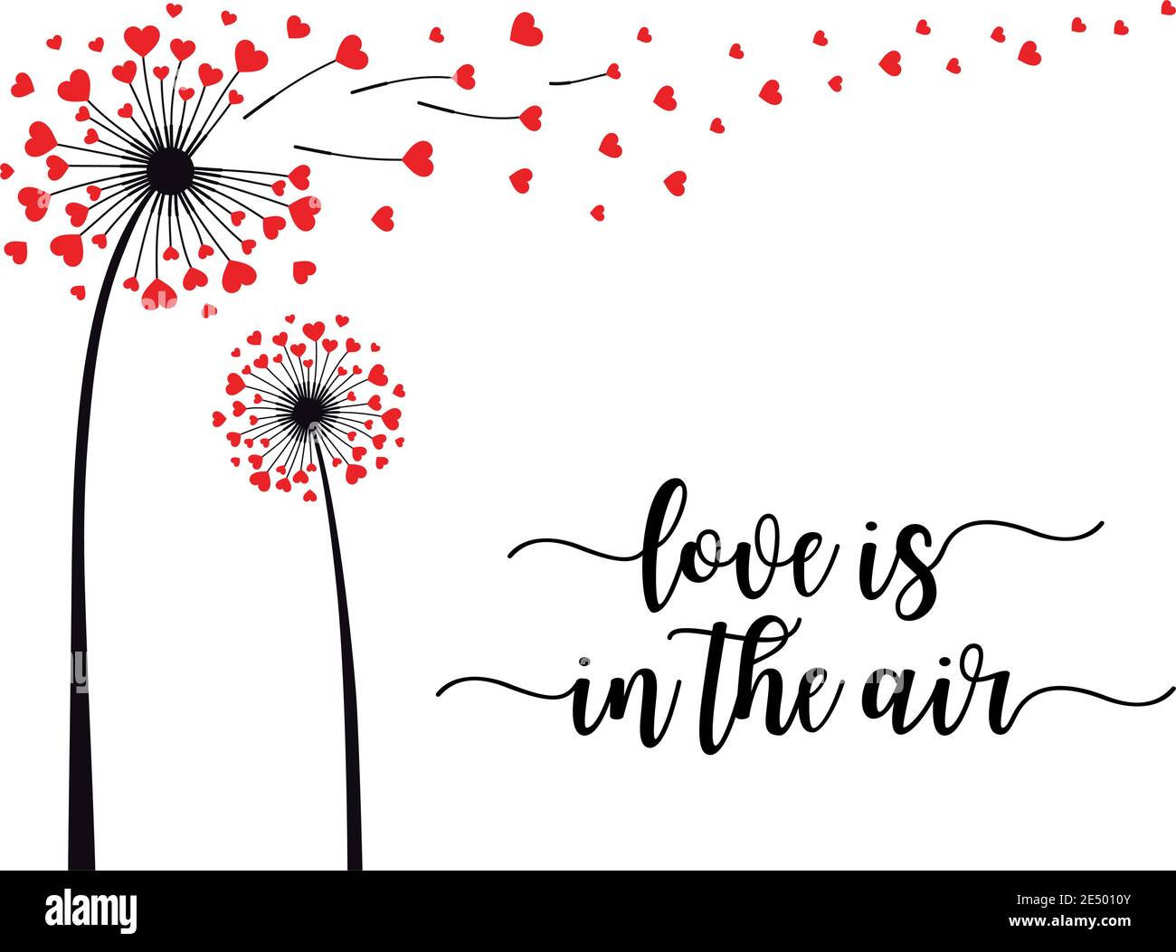 Dandelion flower with flying red hearts, love is in the air, vector illustration for cards, art prints, wall art Stock Vector