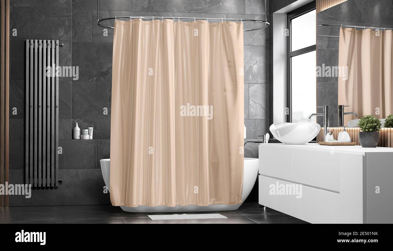Blank beige closed shower curtain mockup, front view, 3d rendering