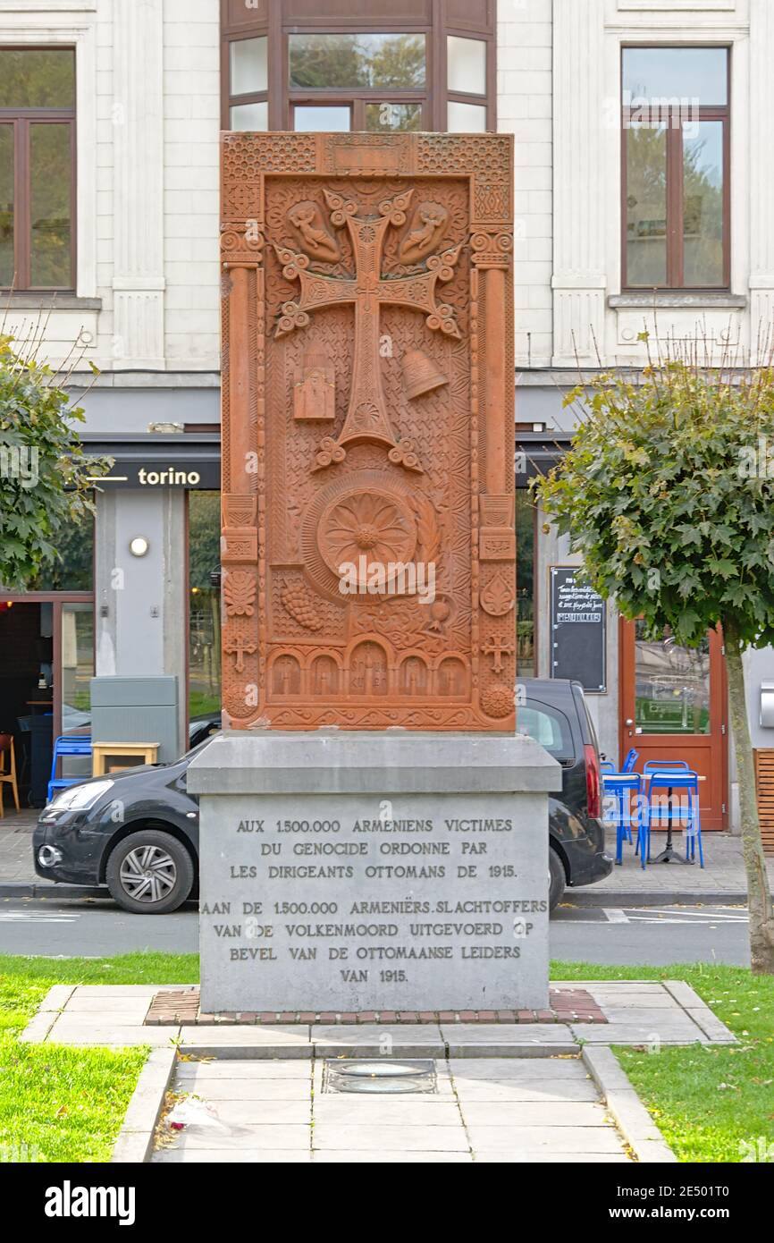 Monument to the victims of the Armenian genocide by the Ottoman government in 1915 , stone cross, found in Ixelles, Brussels, Belgium Stock Photo